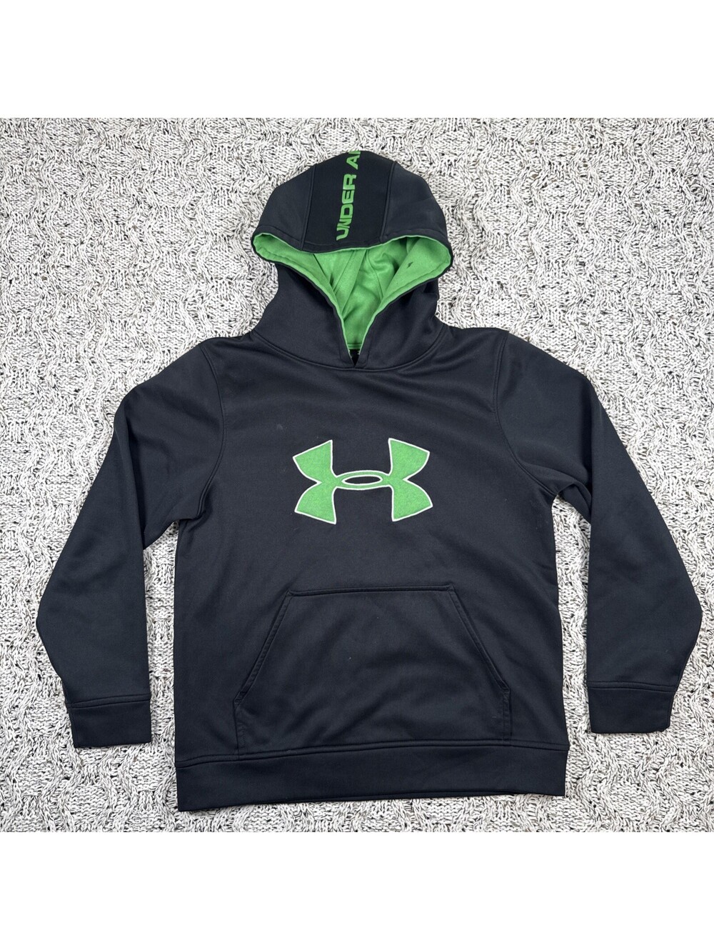 Under Armour Boys Hoodie Black Lime Green Big Logo Sweatshirt Youth Medium YMD